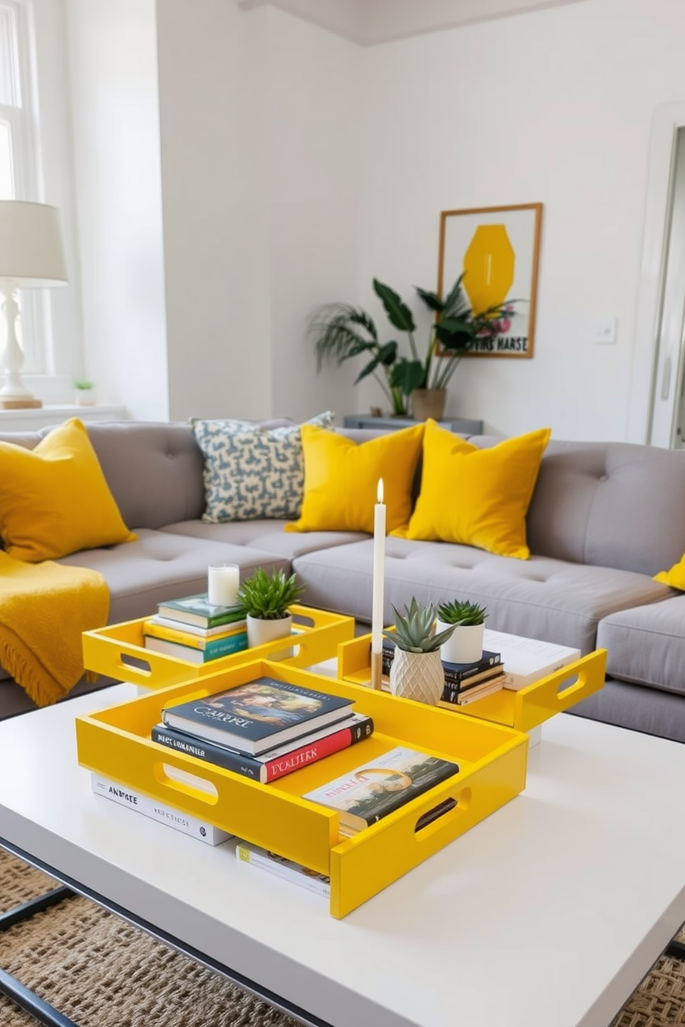 A bright and cheerful living room featuring yellow decorative trays arranged on a stylish coffee table. The trays are filled with books, candles, and small plants, adding a pop of color and organization to the space. The walls are painted in a soft white, creating a fresh backdrop for the vibrant yellow accents. Plush yellow cushions are scattered on a comfortable gray sofa, enhancing the inviting atmosphere of the room.