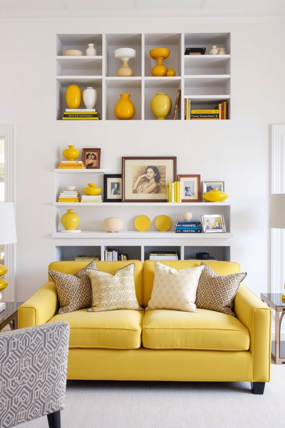 A bright and inviting living room featuring open shelving decorated with various shades of yellow accents. The shelves display a mix of decorative vases, books, and framed photos, all harmonized by the cheerful yellow theme. The walls are painted in a soft white to enhance the vibrancy of the yellow decor. A cozy yellow sofa is positioned in the center, complemented by patterned throw pillows that add texture and interest to the space.