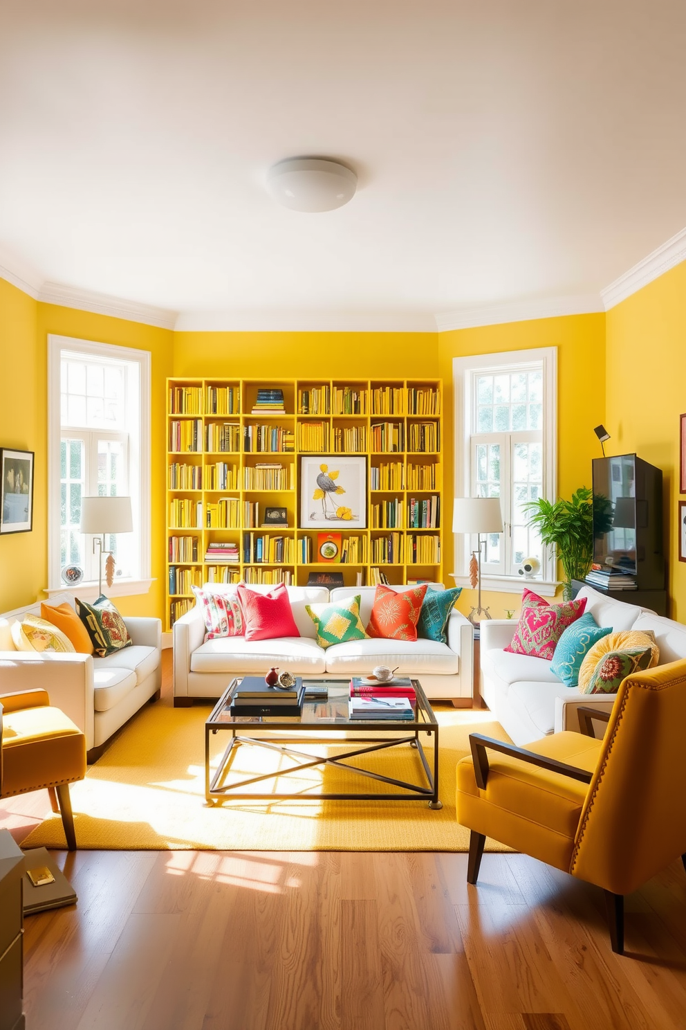 A vibrant yellow living room filled with natural light. The walls are painted a soft yellow, complemented by a cozy white sofa adorned with colorful throw pillows. A large bookshelf filled with yellow books adds a playful touch to the room. A stylish coffee table sits in the center, surrounded by a mix of modern and vintage decor elements.