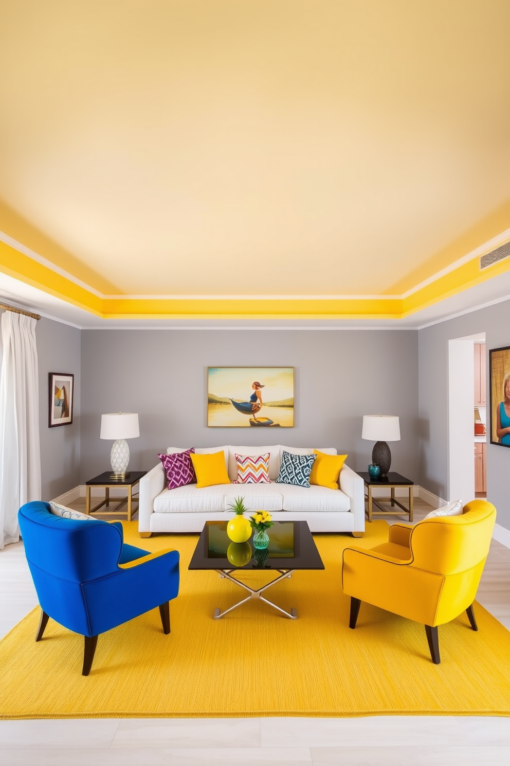 A vibrant yellow ceiling creates a cheerful atmosphere in the living room. The walls are painted in a soft gray, complementing the yellow and enhancing the overall brightness of the space. The room features a plush white sofa adorned with colorful throw pillows. A modern coffee table sits in the center, surrounded by stylish accent chairs that add a pop of color and personality.