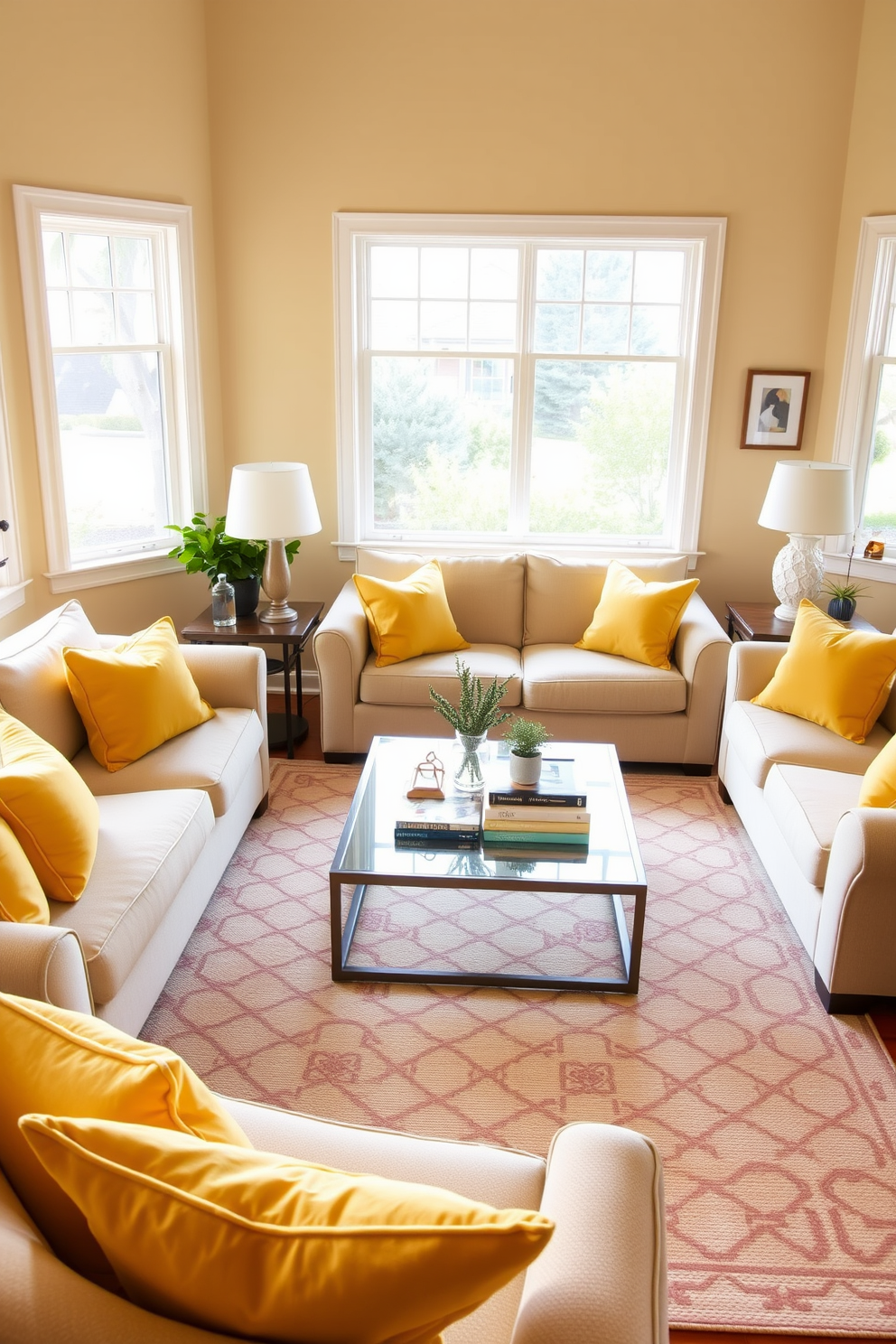 A bright and cheerful living room filled with natural light. The sofas are adorned with sunny yellow throw pillows that add a pop of color against the neutral fabric. The walls are painted in a soft beige, creating a warm and inviting atmosphere. A large area rug in a subtle pattern anchors the seating area, while a stylish coffee table sits in the center, topped with decorative books and a small plant.