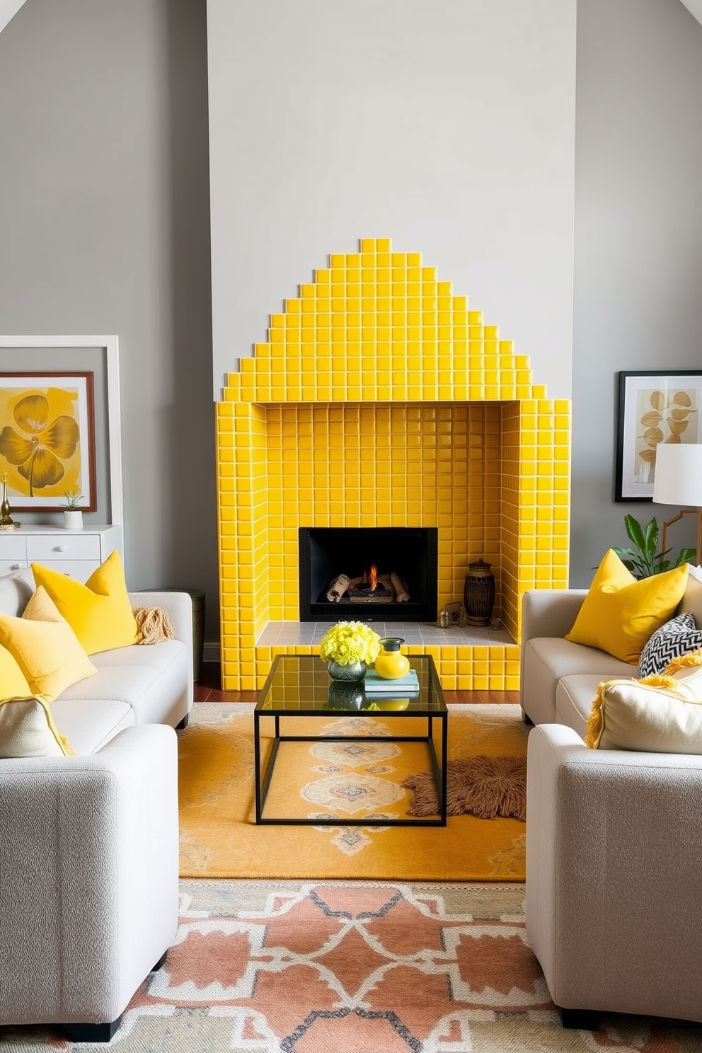 A vibrant living room featuring a unique fireplace adorned with yellow tiles that create a striking focal point. The walls are painted in a soft gray, complementing the warmth of the yellow and enhancing the cozy atmosphere. Plush furniture in neutral tones surrounds the fireplace, inviting relaxation and conversation. A large area rug with geometric patterns adds texture and ties the space together, while decorative cushions in various shades of yellow provide a cheerful accent.