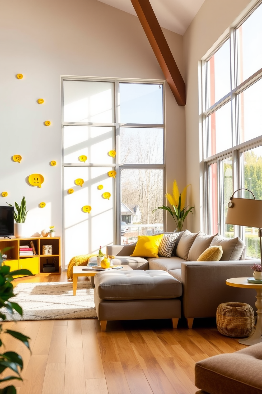 A vibrant living room filled with energy and warmth. The walls are adorned with playful yellow wall decals that add a cheerful touch to the space. A plush sectional sofa in a soft gray complements the yellow accents beautifully. Large windows allow natural light to flood the room, enhancing the bright and inviting atmosphere.