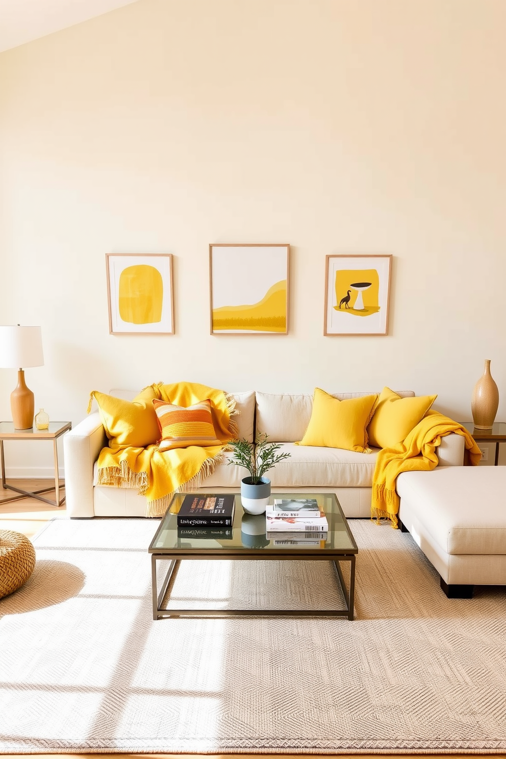 A bright and inviting living room filled with sunshine. The walls are painted in a soft cream color, creating a warm backdrop for vibrant yellow blankets draped over a plush sofa. A large area rug in neutral tones anchors the space, while decorative throw pillows in various shades of yellow add a cheerful touch. A stylish coffee table sits in the center, adorned with a few books and a small potted plant for a refreshing accent.