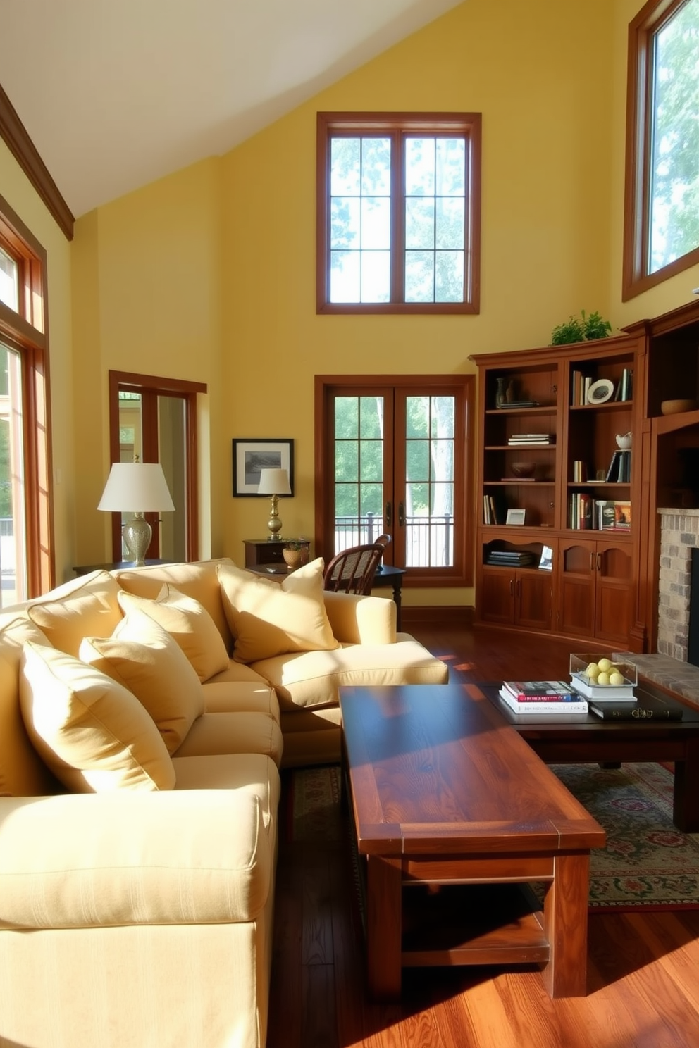 A warm and inviting living room features a blend of yellow accents and natural wood tones. The walls are painted in a soft buttery yellow, complemented by a rich wooden coffee table and bookshelves that add warmth to the space. Plush yellow cushions adorn a neutral-toned sofa, creating a cozy seating area. Large windows allow natural light to flood the room, enhancing the cheerful atmosphere and highlighting the beautiful wood grain of the furniture.