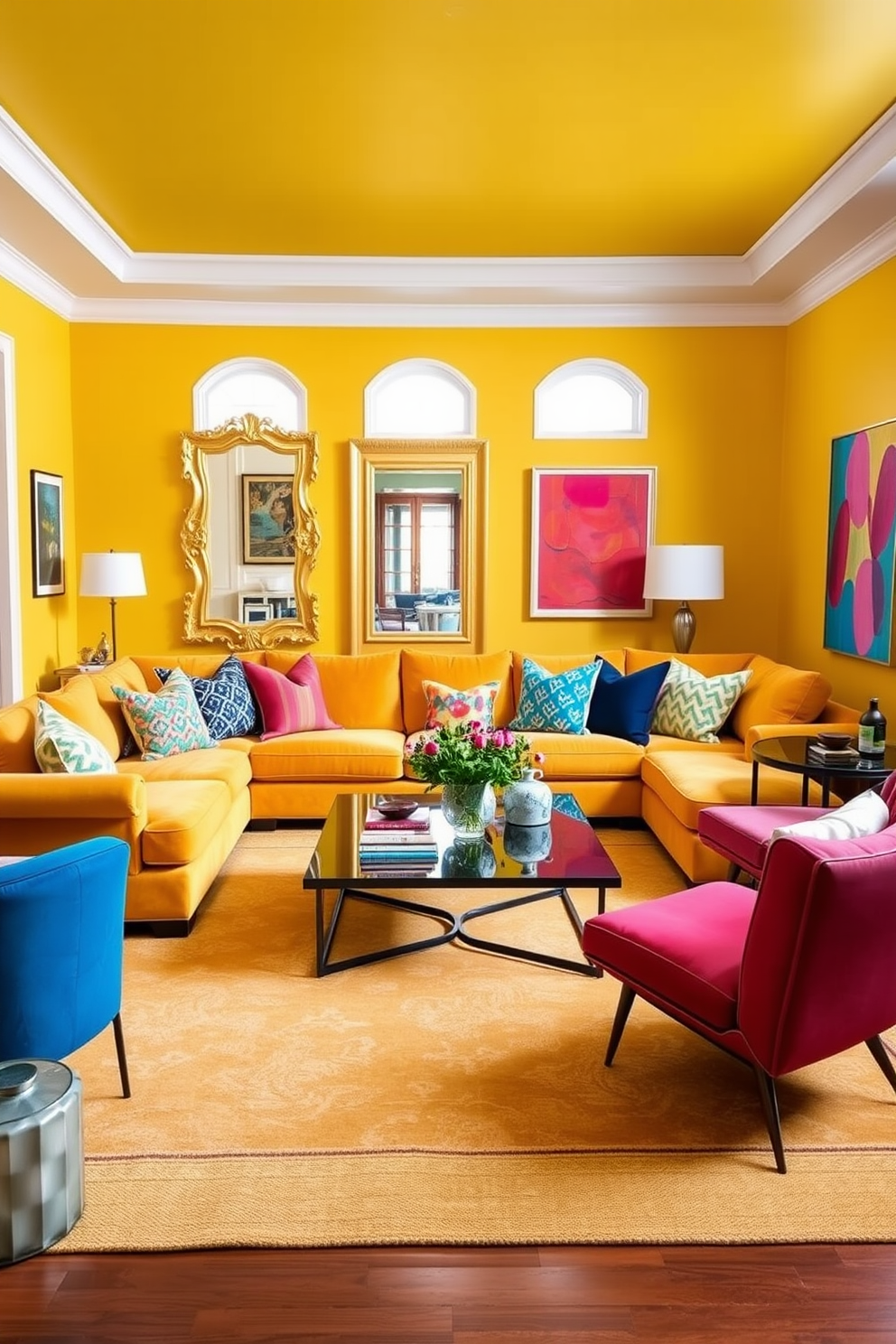 A bright and inviting living room featuring yellow walls that radiate warmth and cheer. The space includes a plush sectional sofa adorned with colorful throw pillows and a large area rug that anchors the seating area. Incorporating yellow mirrors strategically placed to enhance natural light and create a sense of openness. A stylish coffee table sits at the center, complemented by modern accent chairs and a collection of vibrant artwork on the walls.