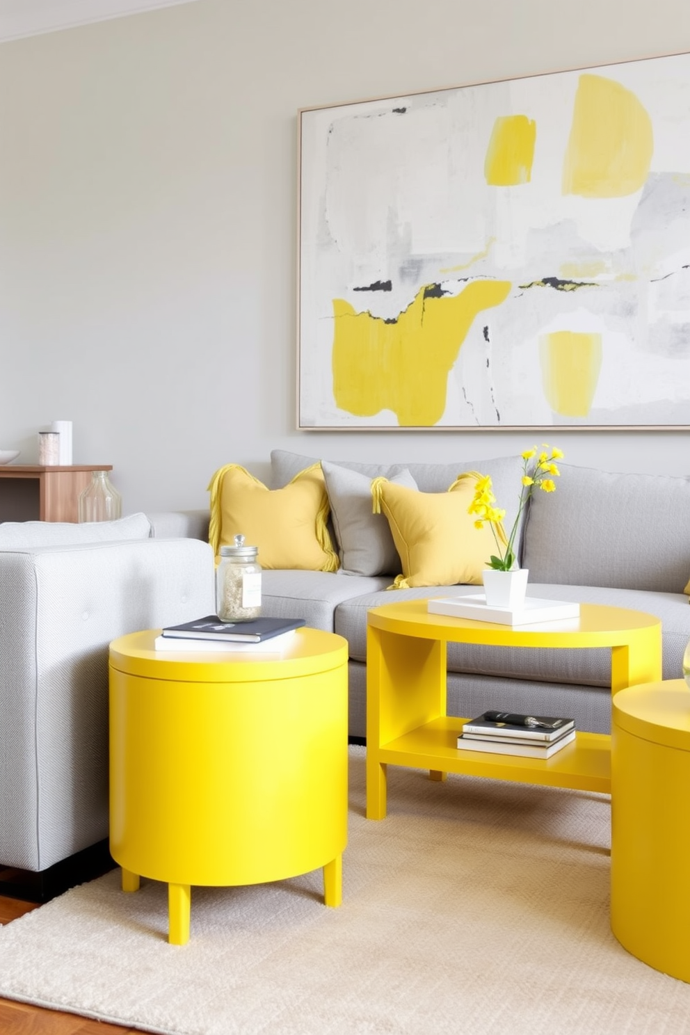 A bright and cheerful living room features two yellow side tables that add a pop of color and functionality to the space. The side tables are paired with a comfortable sofa in a soft gray fabric, creating a stylish contrast against the vibrant yellow. The room is adorned with decorative elements such as a large abstract painting that incorporates shades of yellow, white, and gray. A cozy area rug in a neutral tone anchors the seating area, enhancing the inviting atmosphere of the living room.