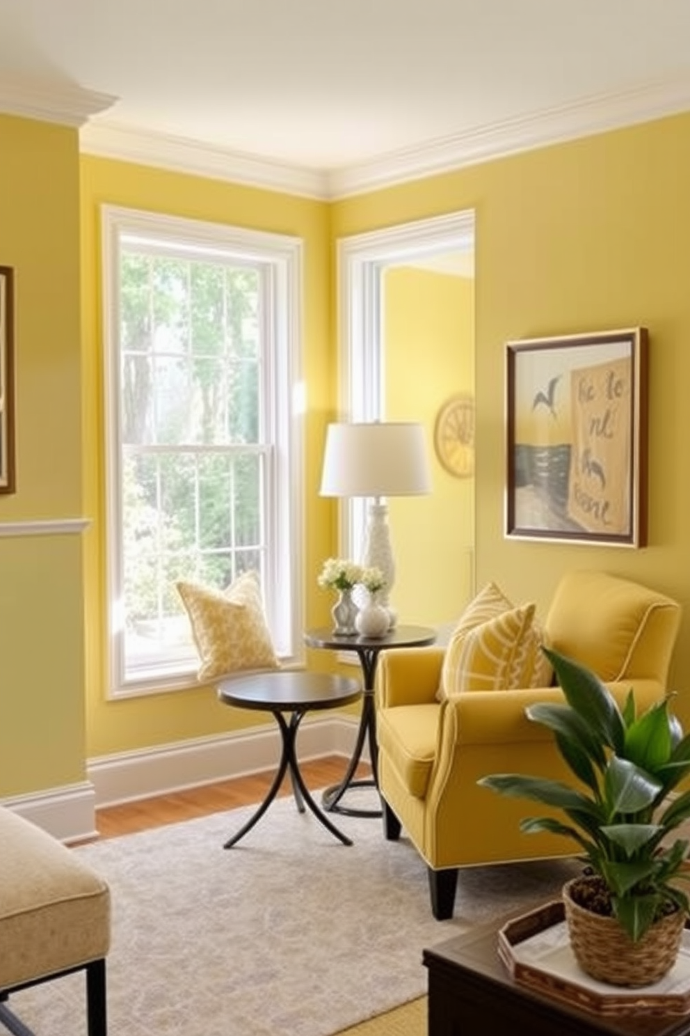 A cozy corner nook in a living room designed with a vibrant yellow theme. The walls are painted a soft butter yellow, and a plush yellow armchair is paired with a small round table. A large window allows natural light to flood the space, enhancing the cheerful atmosphere. Decorative pillows in various shades of yellow and white adorn the armchair, adding texture and comfort.