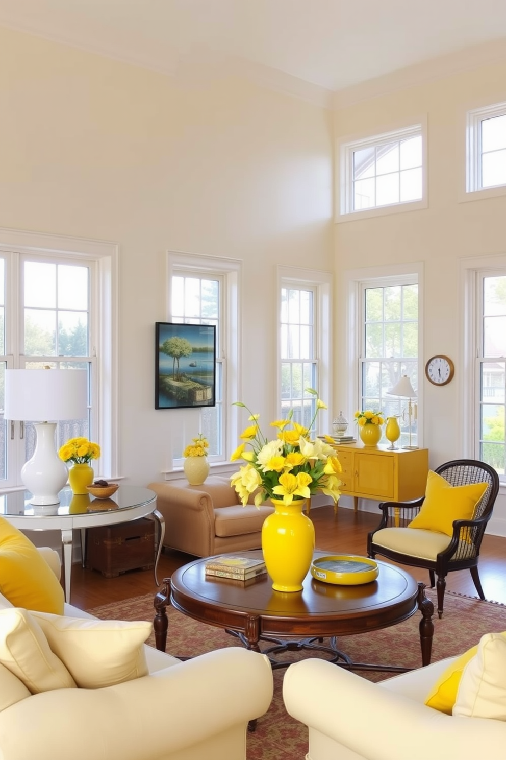 A bright and inviting living room filled with yellow floral arrangements that bring a fresh vibe to the space. The walls are painted in a soft cream color, and the furniture features a mix of modern and vintage pieces with yellow accents. A cozy seating area is arranged around a coffee table, adorned with a vibrant yellow vase filled with seasonal flowers. Large windows allow natural light to flood the room, enhancing the cheerful atmosphere created by the yellow decor.