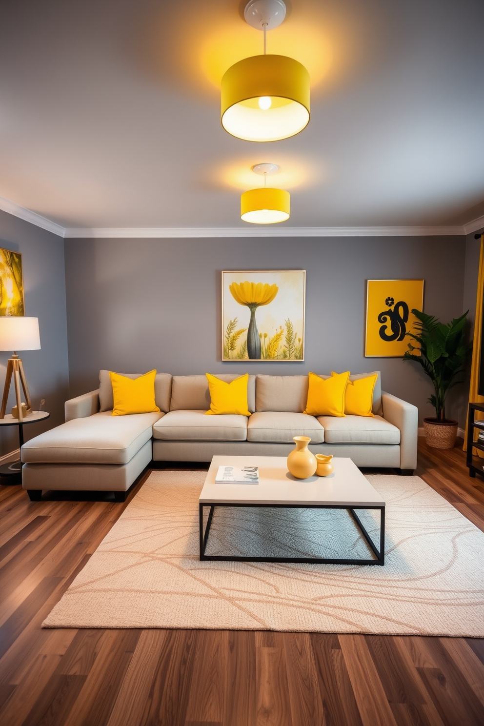 A bright and inviting living room features yellow lighting fixtures that cast a warm glow across the space. The walls are painted in a soft gray, complementing the vibrant yellow accents found in the cushions and artwork. A plush sectional sofa in a neutral tone is adorned with yellow throw pillows, creating a cheerful focal point. A stylish coffee table sits in the center, surrounded by a cozy area rug that ties the room together with subtle patterns.