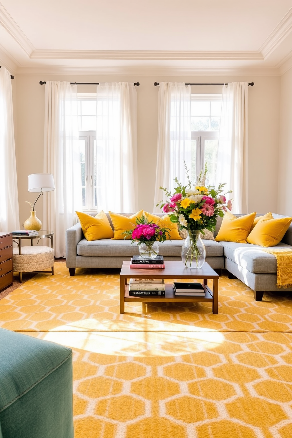 A bright and inviting living room features a large yellow patterned area rug that adds warmth and texture to the space. The walls are painted in a soft cream color, and plush yellow throw pillows are scattered across a comfortable gray sofa, creating a cozy atmosphere. Natural light floods the room through large windows adorned with sheer white curtains. A wooden coffee table sits in the center, topped with a stack of design books and a vibrant bouquet of fresh flowers.