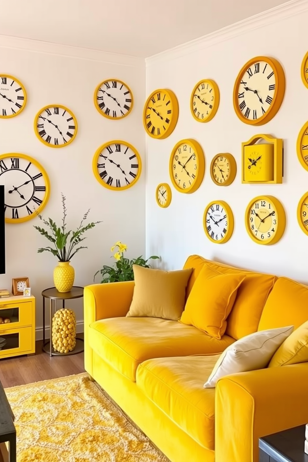 A vibrant living room adorned with decorative wall clocks in various shades of yellow. The walls are painted a soft white, allowing the yellow accents to pop, while a plush yellow sofa invites comfort and style.