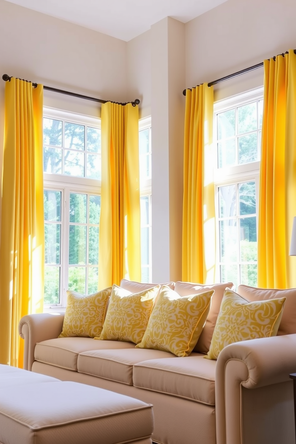 A bright and inviting living room filled with natural light. Soft yellow curtains frame the large windows, enhancing the warm and cheerful atmosphere. The walls are painted in a light neutral tone to complement the yellow accents. A plush beige sofa is adorned with vibrant yellow and white patterned throw pillows, creating a cozy seating area.