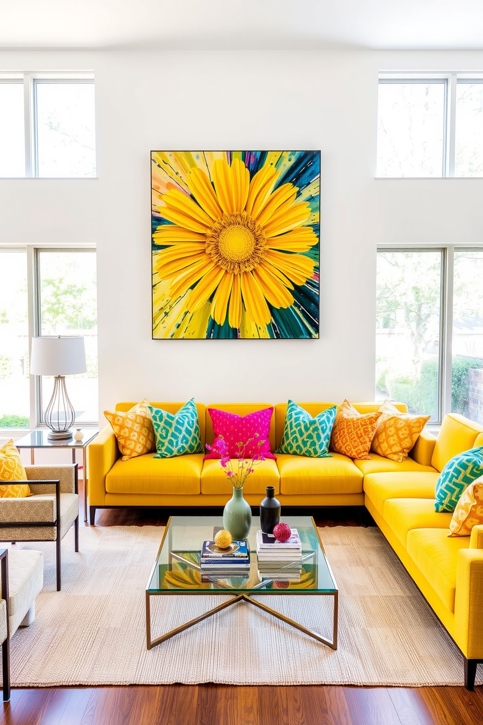 A vibrant yellow artwork piece hangs prominently on the wall, infusing the living room with energy and warmth. The artwork is complemented by a plush yellow sofa adorned with colorful throw pillows, creating a cheerful and inviting atmosphere. The room features large windows that allow natural light to flood in, enhancing the bright yellow accents throughout the space. A stylish coffee table sits in the center, surrounded by contemporary furniture that balances comfort and modern design.