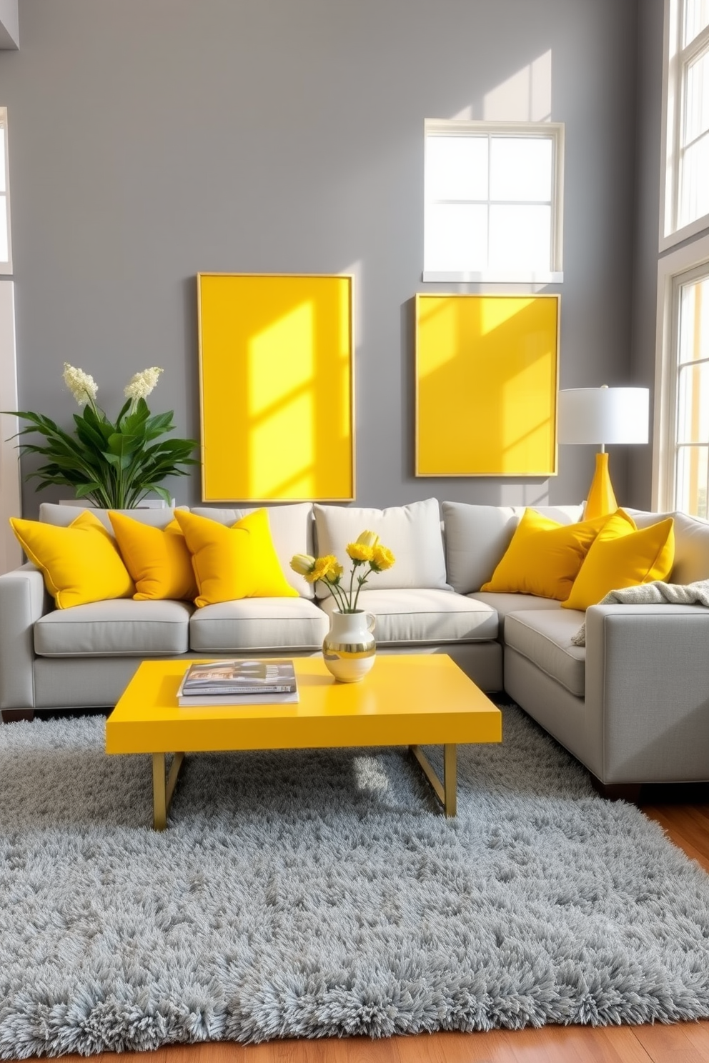 A bright and inviting living room features a soft gray sofa adorned with yellow accent pillows. The walls are painted in a warm gray tone, creating a perfect backdrop for vibrant yellow artwork and decorative pieces. A stylish coffee table in a sleek yellow finish sits at the center, surrounded by a plush gray area rug. Large windows allow natural light to flood the space, enhancing the cheerful ambiance of the yellow and gray color scheme.