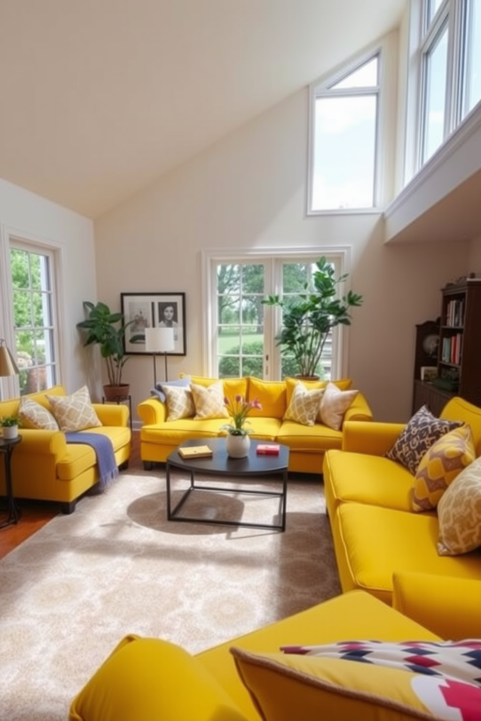 A vibrant living room featuring bold yellow furniture that creates a striking focal point in the space. The yellow sofa is complemented by a mix of patterned throw pillows and a geometric area rug that ties the room together. The walls are painted in a soft neutral tone to enhance the brightness of the furniture. Large windows allow natural light to flood the room, highlighting the cheerful ambiance and inviting atmosphere.