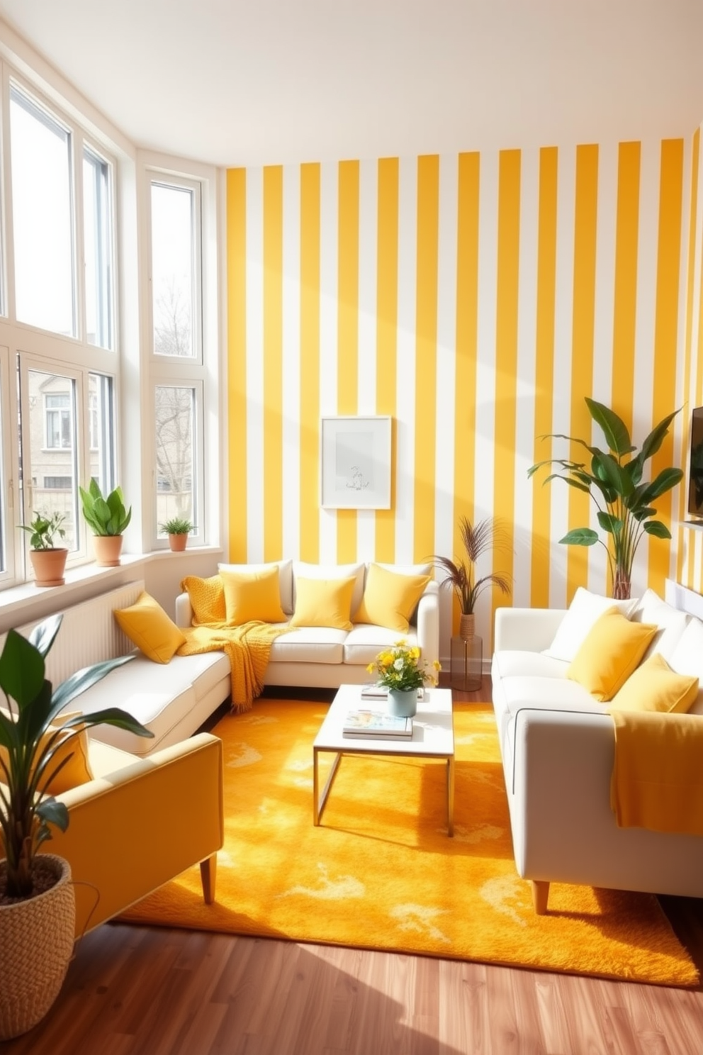 A bright and cheerful living room featuring yellow and white striped wallpaper that adds a playful touch to the space. The room is furnished with a comfortable white sofa adorned with yellow cushions, complemented by a stylish coffee table and a vibrant area rug. Large windows allow natural light to flood the room, enhancing the warm tones of the decor. Potted plants are strategically placed around the space, bringing in a refreshing touch of greenery.