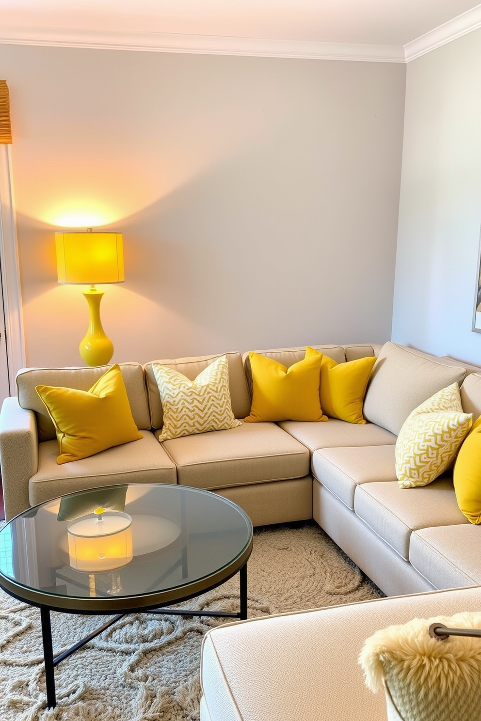 A bright and inviting living room features a soft beige sectional sofa adorned with vibrant yellow throw pillows. In the corner, a pair of stylish yellow lamps provide warm, cozy lighting, creating an inviting atmosphere for relaxation. The walls are painted in a light gray hue, complementing the cheerful yellow accents throughout the space. A round coffee table with a glass top sits atop a plush area rug, enhancing the room's comfort and style.