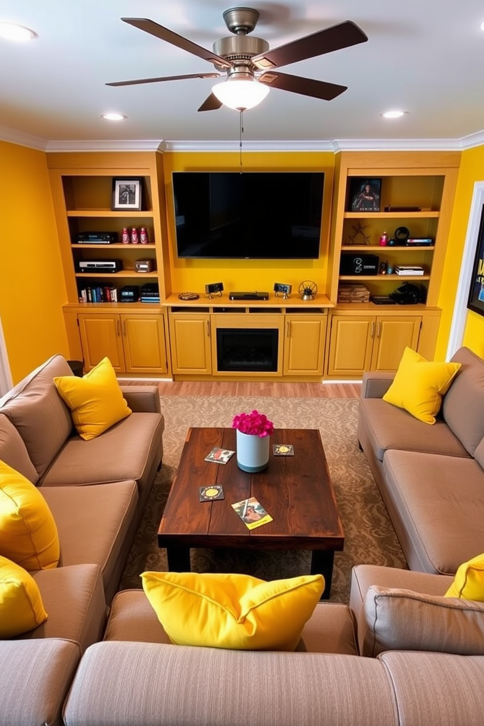 A cozy man cave with yellow accent walls that radiate vibrant energy. The room features a plush sectional sofa in a neutral tone, complemented by bold yellow throw pillows. A large flat-screen TV is mounted on the wall opposite the seating area, surrounded by custom shelving for games and collectibles. A rustic coffee table sits at the center, adorned with coasters and a stylish centerpiece.