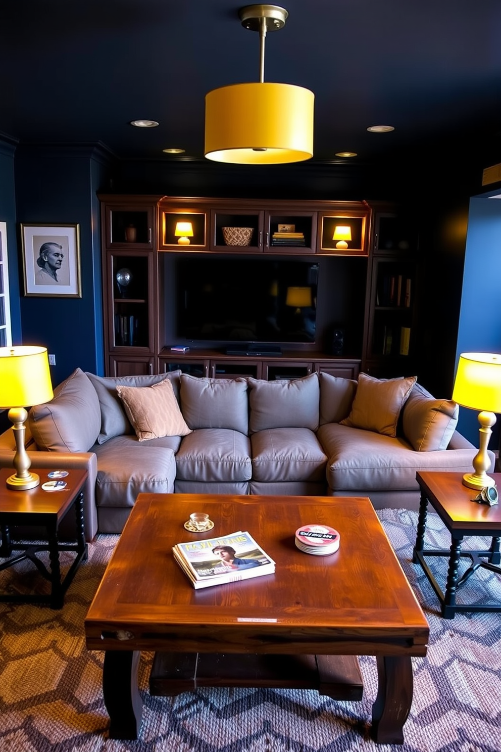 A cozy man cave featuring yellow table lamps that provide soft illumination throughout the space. The walls are painted in a deep navy blue, and a plush sectional sofa is positioned in front of a large entertainment center. A rustic wooden coffee table sits at the center, adorned with coasters and a stack of magazines. The yellow table lamps are placed on side tables flanking the sofa, creating a warm and inviting atmosphere.