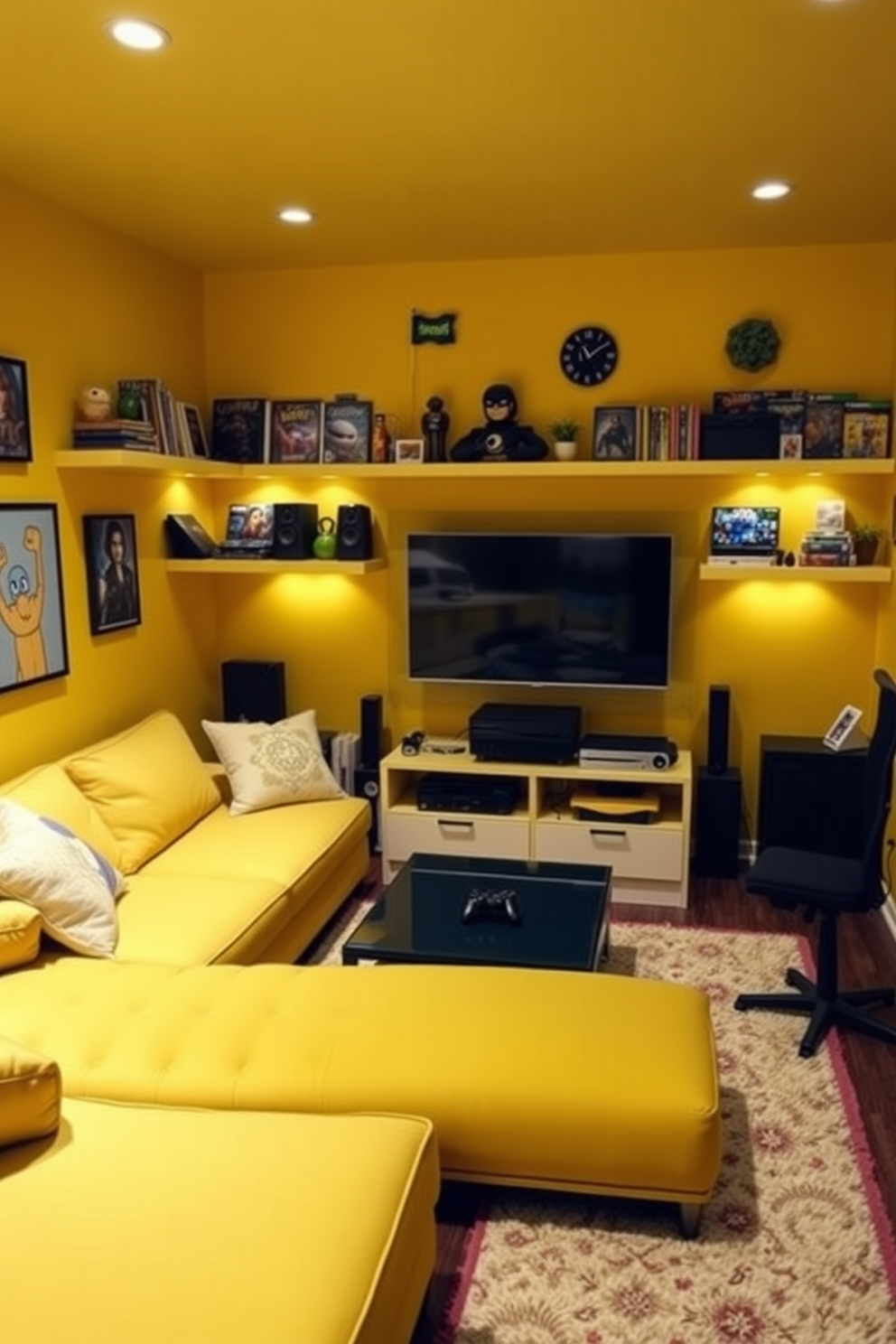 A vibrant gaming console area designed in sunshine yellow. The walls are adorned with playful artwork and the furniture includes a comfortable sectional sofa and a sleek coffee table. The space features a large flat-screen TV mounted on the wall, surrounded by shelves filled with games and collectibles. Soft lighting creates a cozy atmosphere, while a plush area rug adds warmth underfoot.