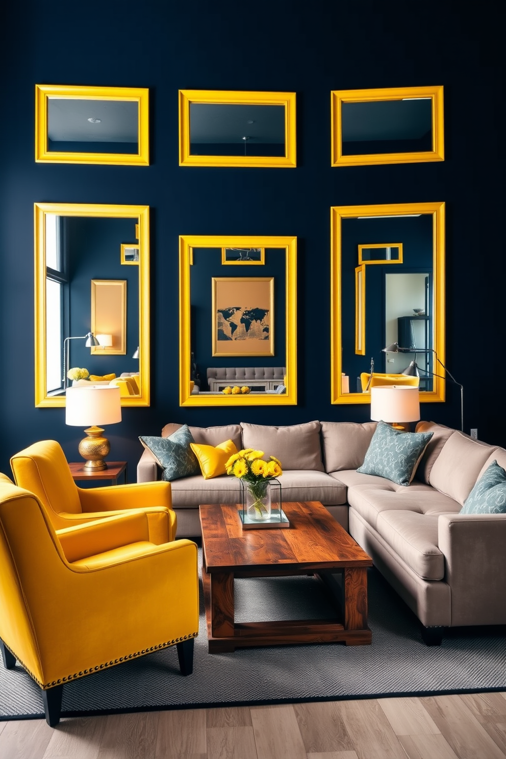 A stylish man cave featuring yellow framed mirrors that enhance the sense of space and depth. The walls are painted a deep navy blue, creating a striking contrast with the vibrant yellow accents throughout the room. Comfortable seating options include a plush sectional sofa in a neutral tone and a pair of yellow accent chairs. A sleek coffee table made of reclaimed wood sits at the center, surrounded by warm ambient lighting from stylish floor lamps.