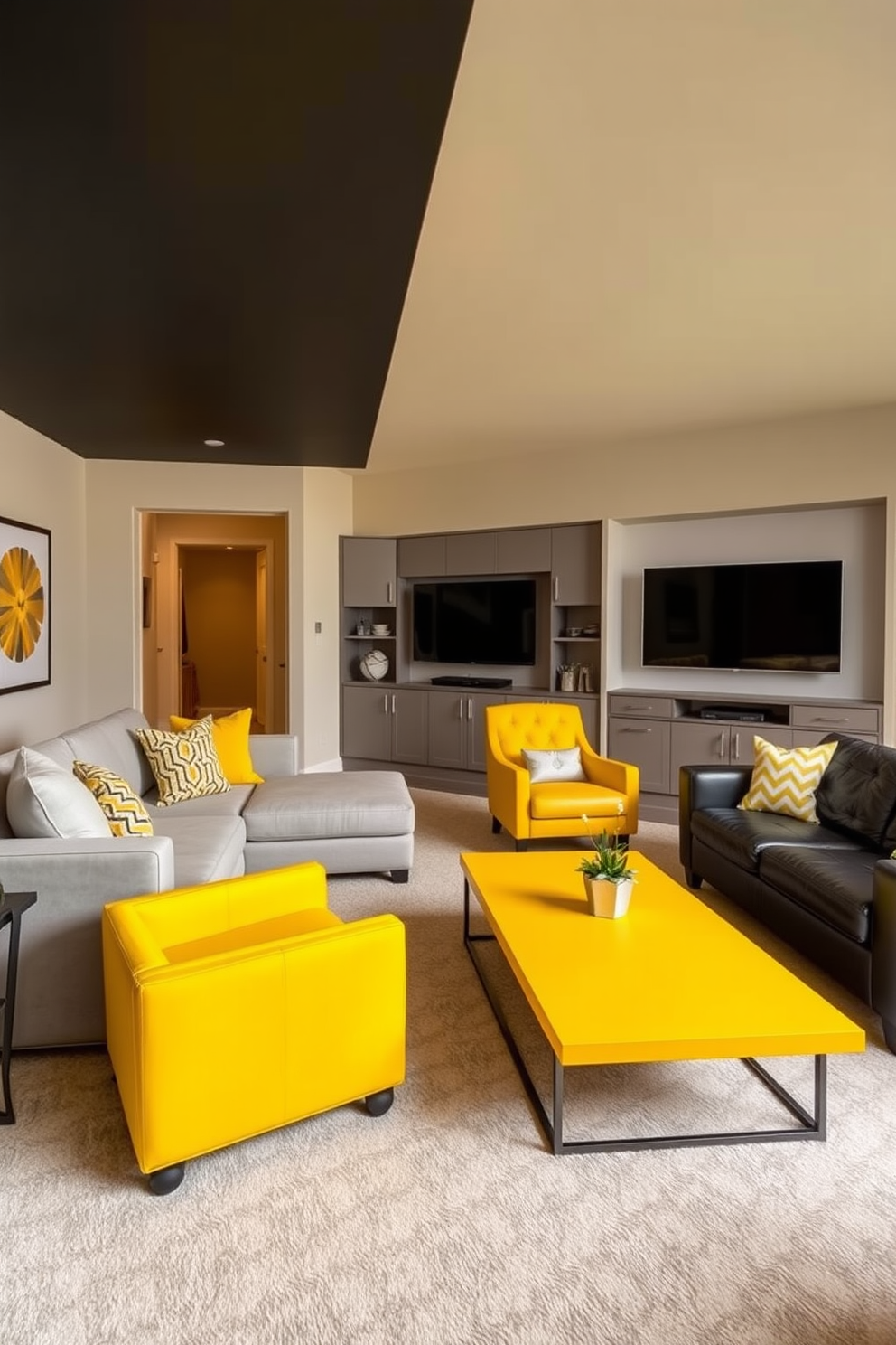 A playful living room featuring yellow accent furniture that adds a vibrant contrast to the neutral color palette. The room includes a cozy sectional sofa in a soft gray, complemented by a bright yellow armchair and matching throw pillows. A stylish man cave designed with yellow accents to create a bold and energetic atmosphere. The space includes a large entertainment center, a sleek black leather sofa, and a yellow coffee table that serves as a focal point in the room.