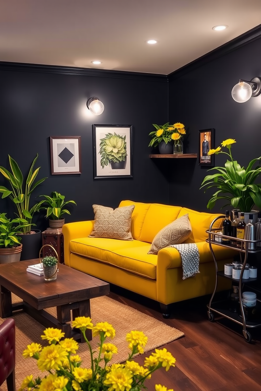 A cozy man cave featuring yellow plants and flowers that bring a vibrant and natural touch to the space. The walls are painted a deep navy blue, and a plush yellow sofa sits in the center, complemented by a rustic wooden coffee table. In one corner, a collection of yellow potted plants adds life to the room, while a stylish bar cart stocked with drinks enhances the casual atmosphere. Soft lighting fixtures create a warm ambiance, making it the perfect retreat for relaxation and entertainment.