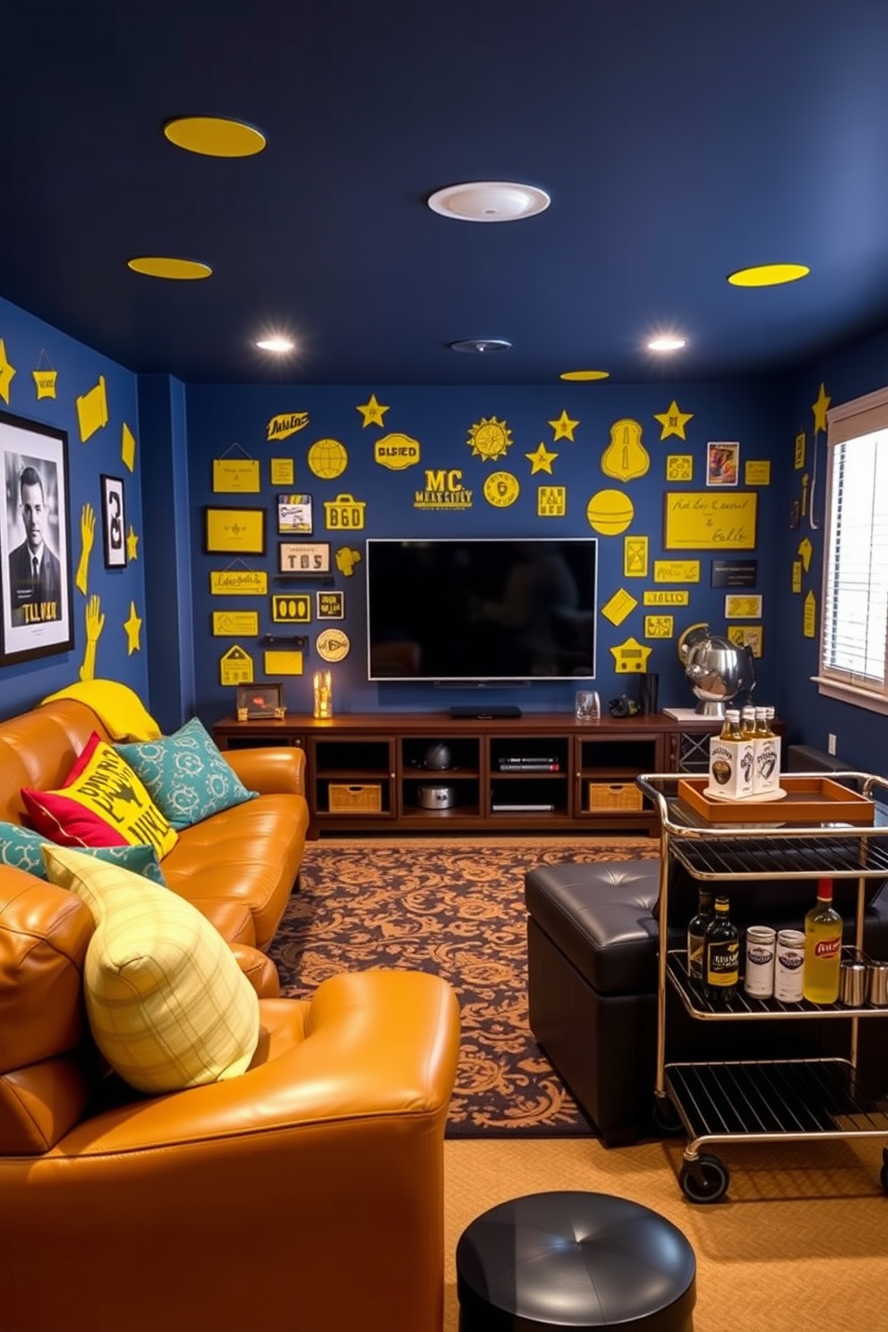 A vibrant man cave featuring yellow wall decals that add a playful touch to the space. The decor includes a comfortable leather sofa and a sleek entertainment center, perfect for movie nights and gatherings. The walls are adorned with customizable yellow decals that can be rearranged to reflect personal interests. A stylish bar cart sits in the corner, complemented by cozy lighting to create an inviting atmosphere.