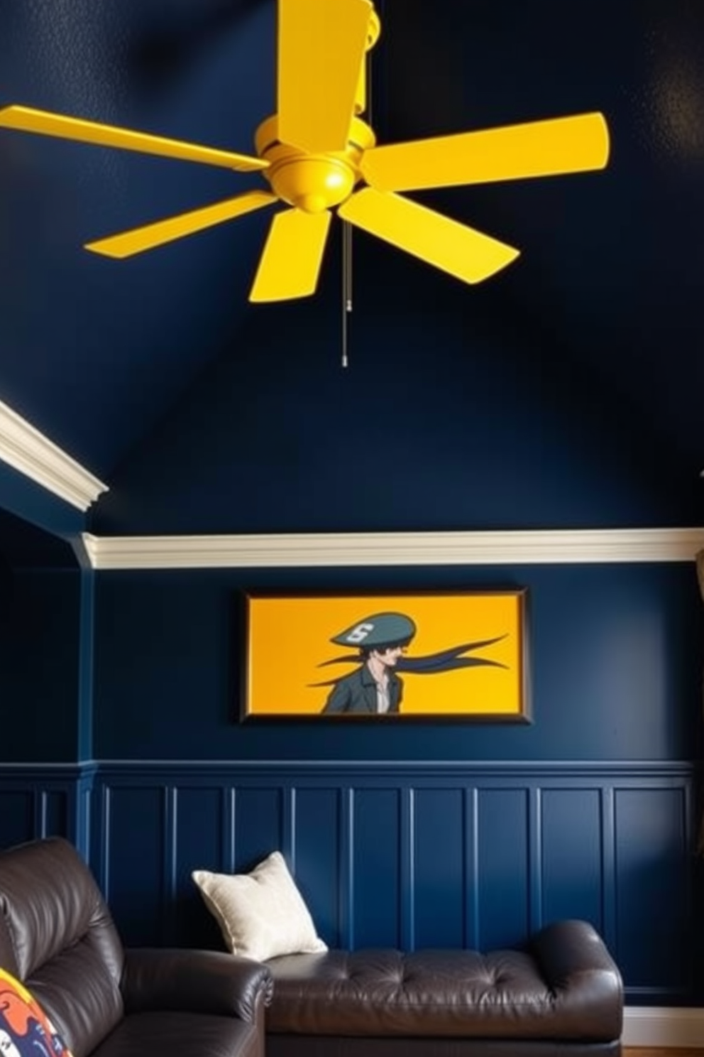 A vibrant man cave featuring a yellow ceiling fan that adds a playful twist to the space. The walls are painted in a deep navy blue, creating a striking contrast with the bright fan and complementing the cozy leather seating area.