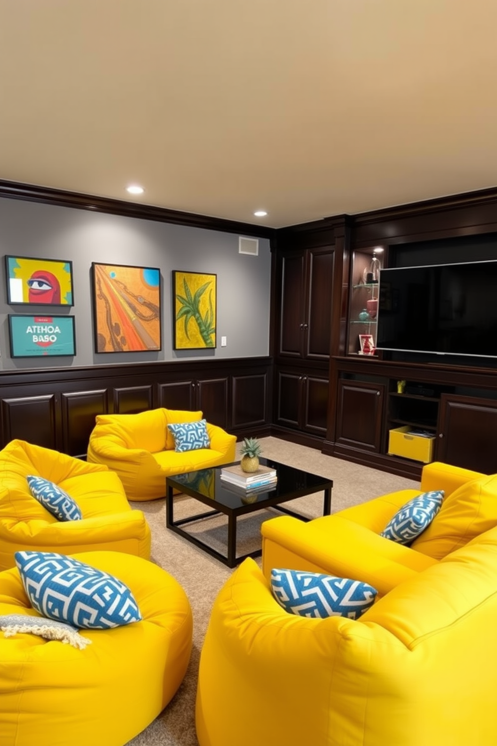 A cozy living space featuring yellow bean bags arranged in a semi-circle around a low coffee table. The walls are painted in a soft gray, and colorful artwork hangs above, creating a vibrant atmosphere. A stylish man cave designed with yellow accents, including a plush yellow sofa and bean bags for casual seating. The space is enhanced with dark wood paneling and a large flat-screen TV mounted on the wall, providing a perfect retreat for relaxation and entertainment.