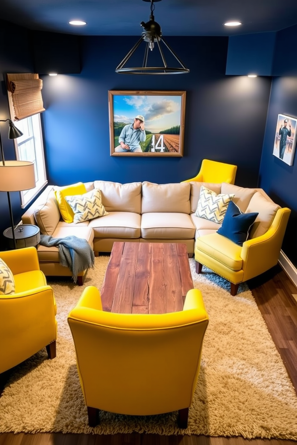 A cozy man cave featuring yellow accent chairs that provide stylish seating. The walls are painted a deep navy blue, and a large sectional sofa complements the vibrant chairs, creating a warm and inviting atmosphere. The space includes a rustic wooden coffee table at the center, surrounded by a plush area rug. Soft lighting from industrial-style lamps adds to the relaxed vibe, making it a perfect retreat for entertainment and relaxation.