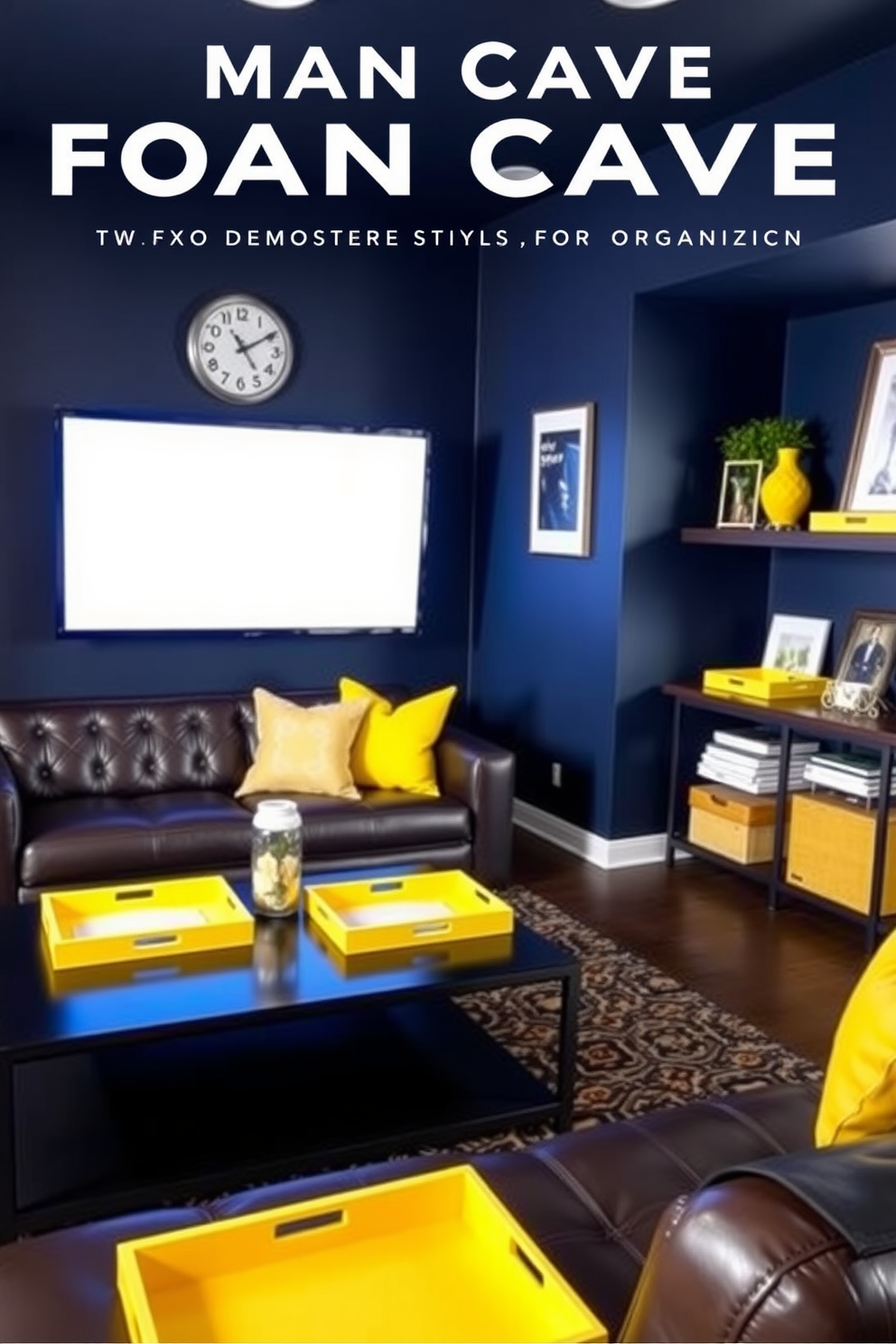 A stylish man cave featuring yellow decorative trays for organization. The space is designed with a comfortable leather sofa, a sleek coffee table, and a large flat-screen TV mounted on the wall. The walls are painted in a deep navy blue, contrasting beautifully with the vibrant yellow accents. The decorative trays are placed on the coffee table and shelves, adding a pop of color while keeping the area tidy.