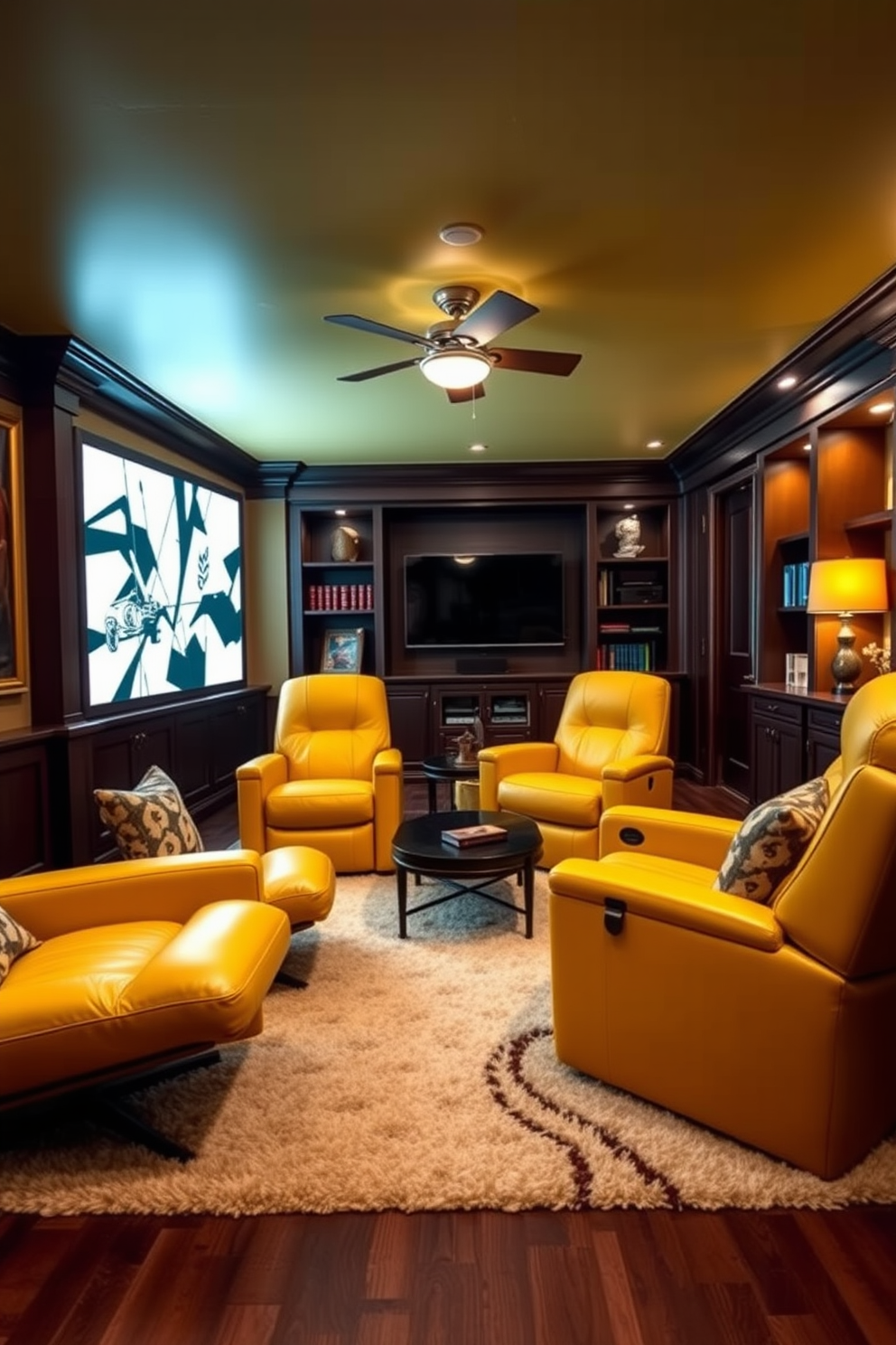 A stylish man cave featuring yellow leather recliners that provide both comfort and a pop of color. The space is accented with dark wood paneling and ambient lighting to create a cozy atmosphere. Incorporate a large entertainment center with a flat-screen TV and built-in shelves for games and collectibles. Add a plush area rug to enhance the comfort and tie the room together with a modern coffee table in front of the recliners.