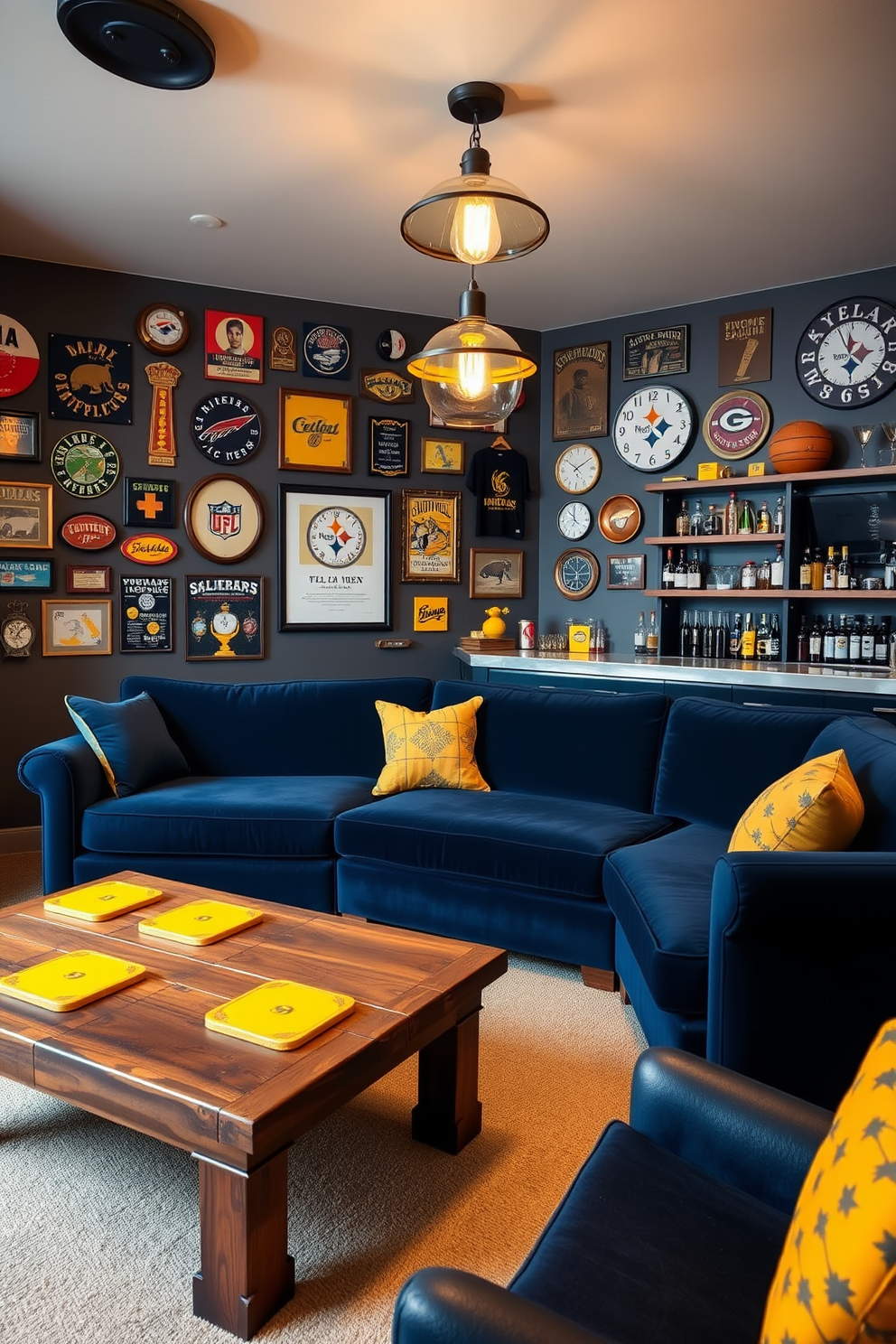 A stylish man cave featuring a comfortable sectional sofa in a deep navy blue. The walls are adorned with vintage sports memorabilia, and a rustic wooden coffee table sits at the center, topped with yellow coasters for a cohesive look. The lighting is soft and inviting, with industrial-style pendant lights hanging from the ceiling. A sleek bar area in the corner showcases a variety of spirits, complemented by yellow accents throughout the space.