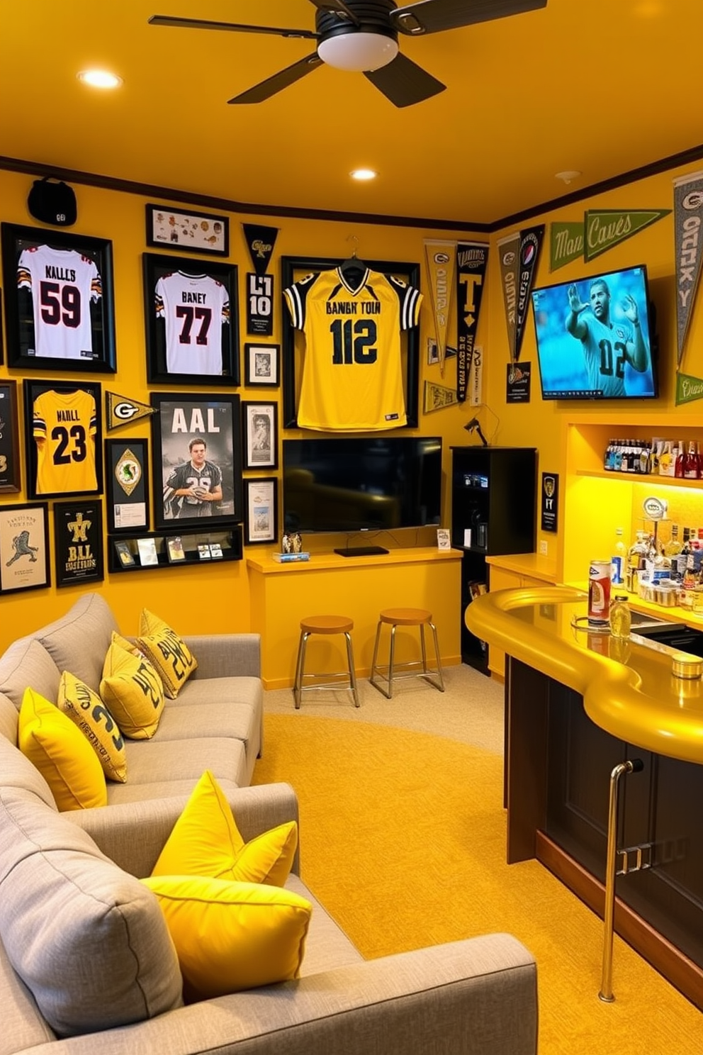 A vibrant yellow themed sports memorabilia display fills the room with energy. The walls are adorned with framed jerseys, autographed photos, and colorful pennants, all set against a cheerful yellow backdrop. The man cave features plush seating in shades of yellow and gray, creating a cozy atmosphere for game day. A sleek bar area with yellow accents is stocked with drinks and snacks, inviting friends to gather and enjoy the sports experience.