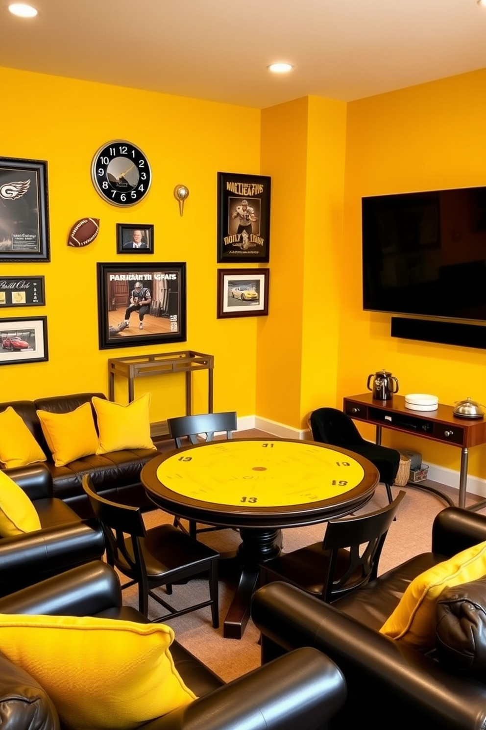 A cozy game room designed around a cheerful yellow theme. The walls are painted a bright sunny yellow, and a large round table is set in the center, surrounded by comfortable chairs for playing board games. For the man cave, incorporate dark leather furniture with yellow accent pillows. A stylish bar cart sits in one corner, and the walls are adorned with framed sports memorabilia and a large flat-screen TV for game nights.