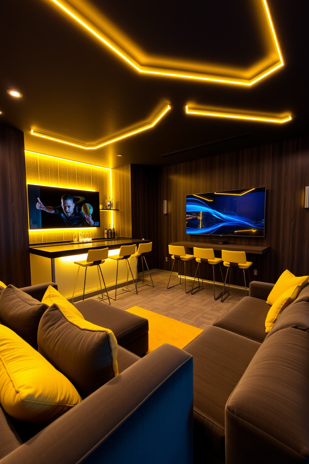 A modern man cave featuring yellow neon lights illuminating the space. The walls are adorned with dark wood paneling, creating a cozy yet stylish atmosphere. A sleek bar area with high stools complements the design, while a large flat-screen TV serves as the focal point for entertainment. Plush seating in a deep gray color contrasts beautifully with the vibrant yellow accents throughout the room.