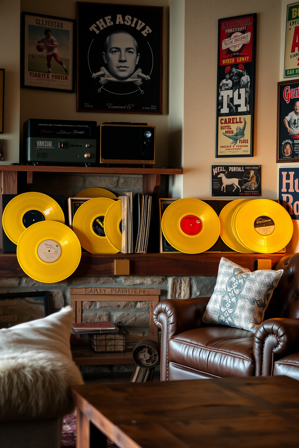 A collection of yellow vintage records is displayed on a rustic wooden shelf, creating a nostalgic atmosphere in the room. The records are framed by soft ambient lighting that enhances their vibrant color and evokes a sense of warmth. The man cave features a cozy seating area with a plush leather sofa and a reclaimed wood coffee table. Walls adorned with sports memorabilia and vintage posters create an inviting space for relaxation and entertainment.