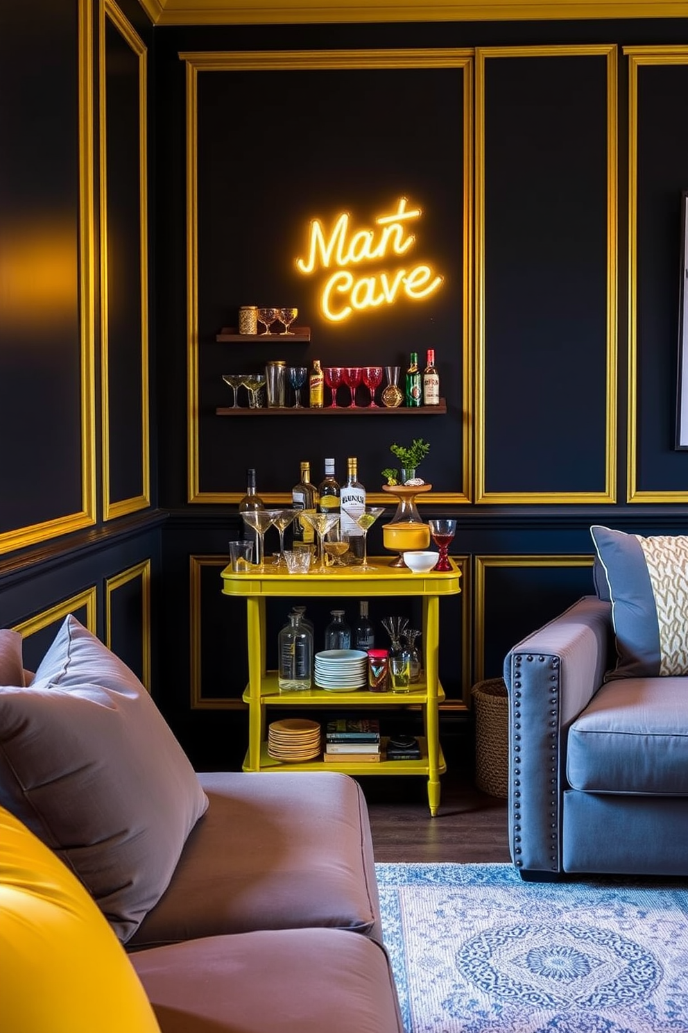 A vibrant yellow themed bar cart is the centerpiece of the room, adorned with an array of colorful glassware and cocktail accessories. The cart is set against a backdrop of deep navy walls, creating a striking contrast that enhances the cheerful ambiance. The man cave features plush seating in shades of gray and yellow, creating a cozy yet stylish atmosphere for entertaining. A vintage neon sign adds a playful touch, illuminating the space with a warm glow during evening gatherings.