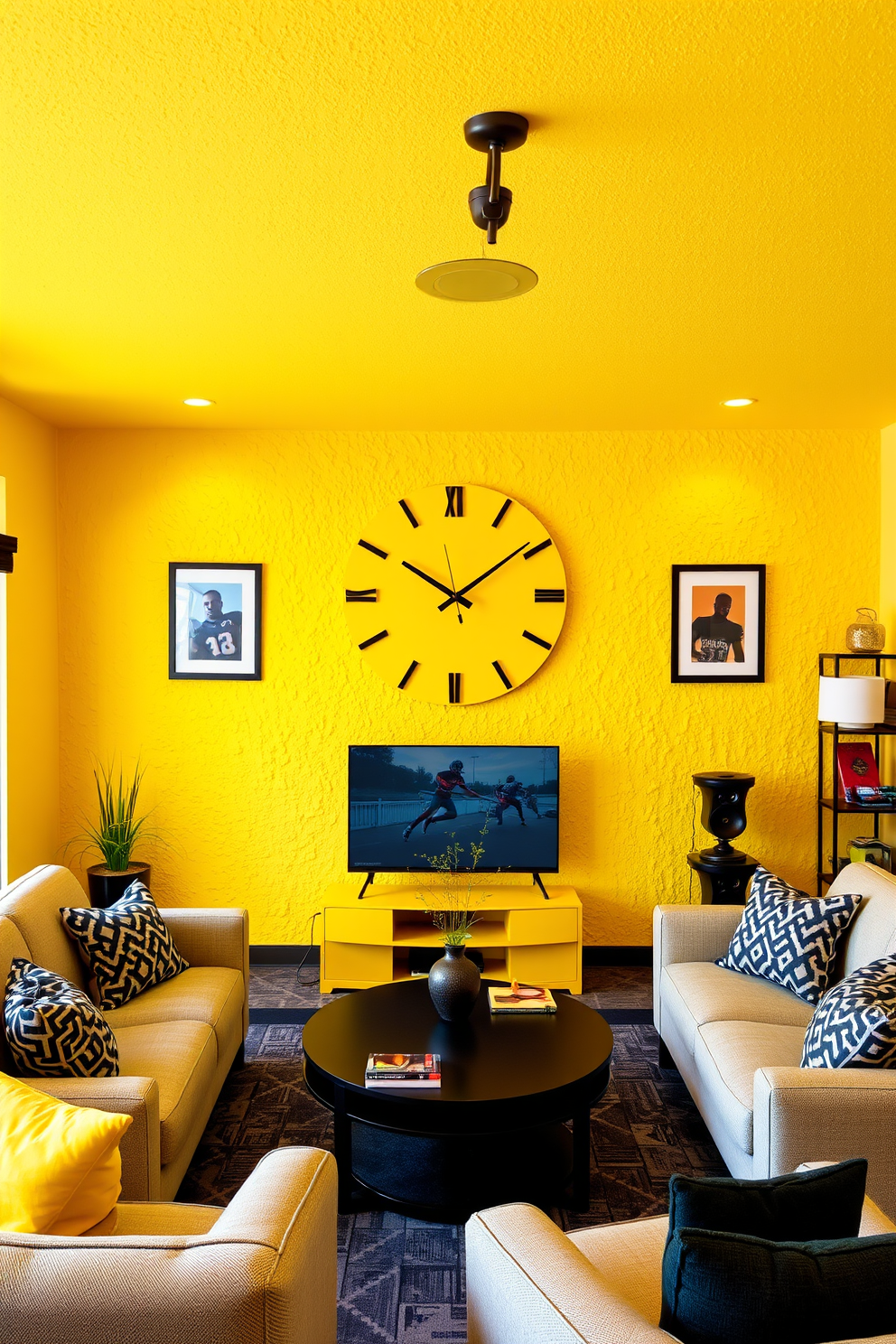 A vibrant yellow wall clock serves as a functional centerpiece in the room, its sleek design complementing the overall aesthetic. The clock is mounted on a textured yellow wall, creating a cheerful and inviting atmosphere. The man cave features a bold yellow color palette, with comfortable seating arranged around a central entertainment area. Accents of gray and black are incorporated through furniture and decor, providing a striking contrast to the bright yellow theme.