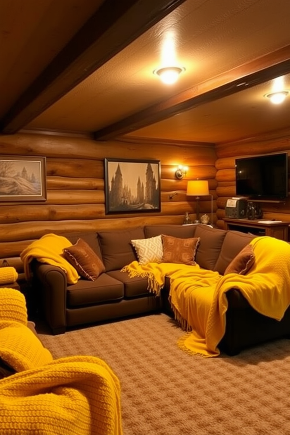 A cozy man cave filled with yellow throw blankets that add warmth and comfort to the space. The walls are adorned with rustic wood paneling, and a large sectional sofa is the centerpiece, inviting relaxation and entertainment.