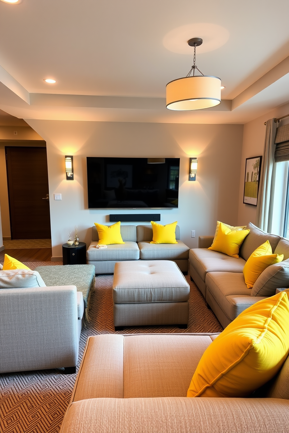 A stylish man cave featuring a spacious sectional sofa adorned with vibrant yellow accent pillows that pop against a neutral backdrop. The room is equipped with a large flat-screen TV mounted on the wall, complemented by cozy lighting fixtures that create a warm and inviting atmosphere.