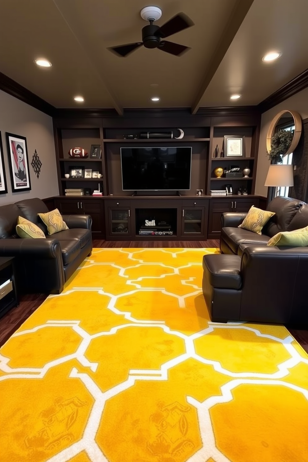 A vibrant yellow area rug anchors the space, adding warmth and a pop of color to the room. The rug features a geometric pattern that complements the surrounding furniture and enhances the overall design. The man cave is designed with a cozy atmosphere, featuring plush seating arrangements and dark wood accents. A large flat-screen TV is mounted on the wall, surrounded by shelves filled with sports memorabilia and entertainment essentials.