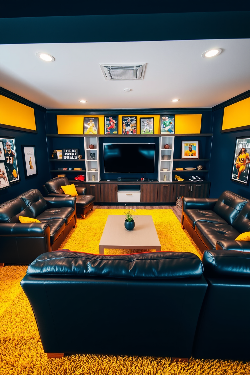 A vibrant man cave filled with bright yellow rugs that add a cheerful touch to the space. The walls are painted in a deep navy blue, creating a striking contrast with the sunny accents. Comfortable leather sofas are arranged around a sleek coffee table, perfect for entertaining friends. A large flat-screen TV is mounted on the wall, surrounded by shelves displaying sports memorabilia and framed posters.