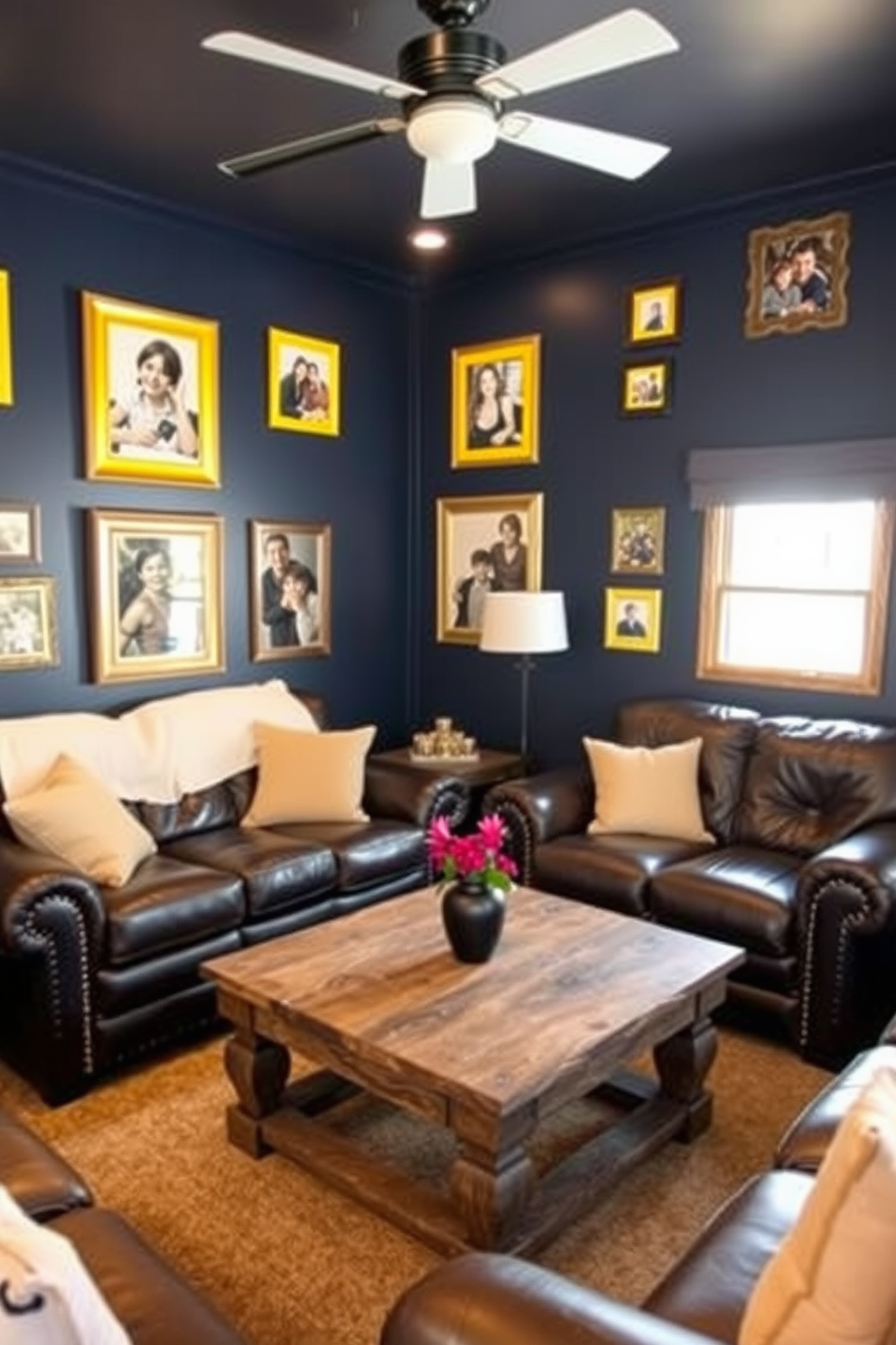 A cozy man cave designed with a warm color palette. The walls are painted in a deep navy blue, and comfortable leather furniture is arranged for optimal relaxation. Yellow framed photos adorn the walls, showcasing personal memories and adding a cheerful touch. A rustic wooden coffee table sits in the center, surrounded by plush seating, creating an inviting atmosphere for friends and family.