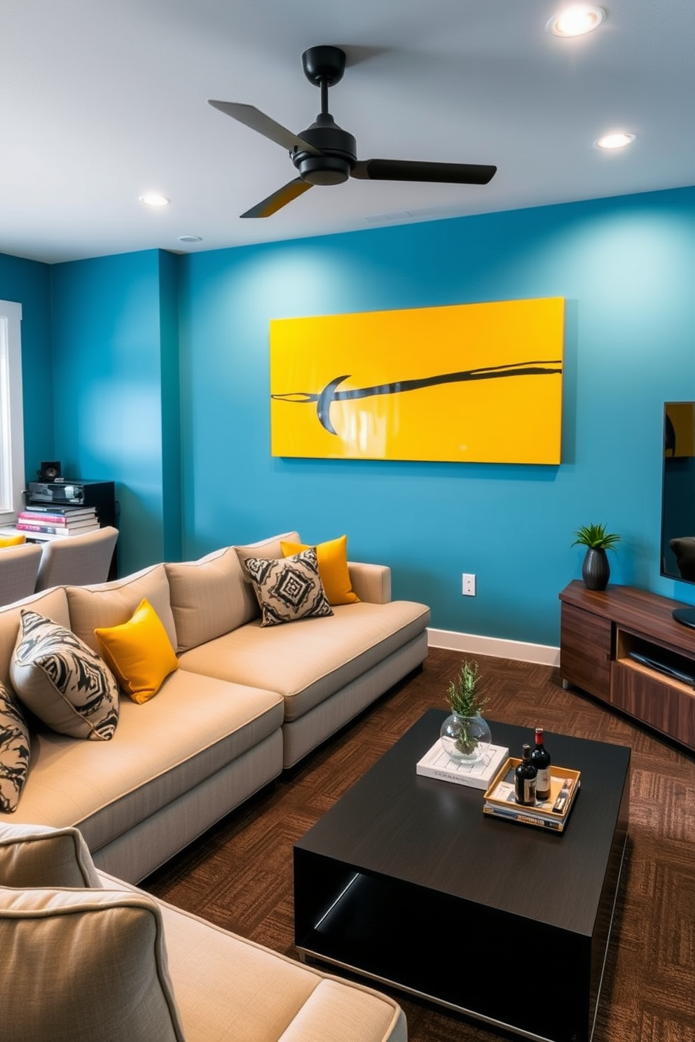 A vibrant man cave featuring bold yellow artwork that adds a splash of color to the walls. The space includes a comfortable sectional sofa in neutral tones, a sleek coffee table, and a large entertainment unit for the ultimate relaxation experience.