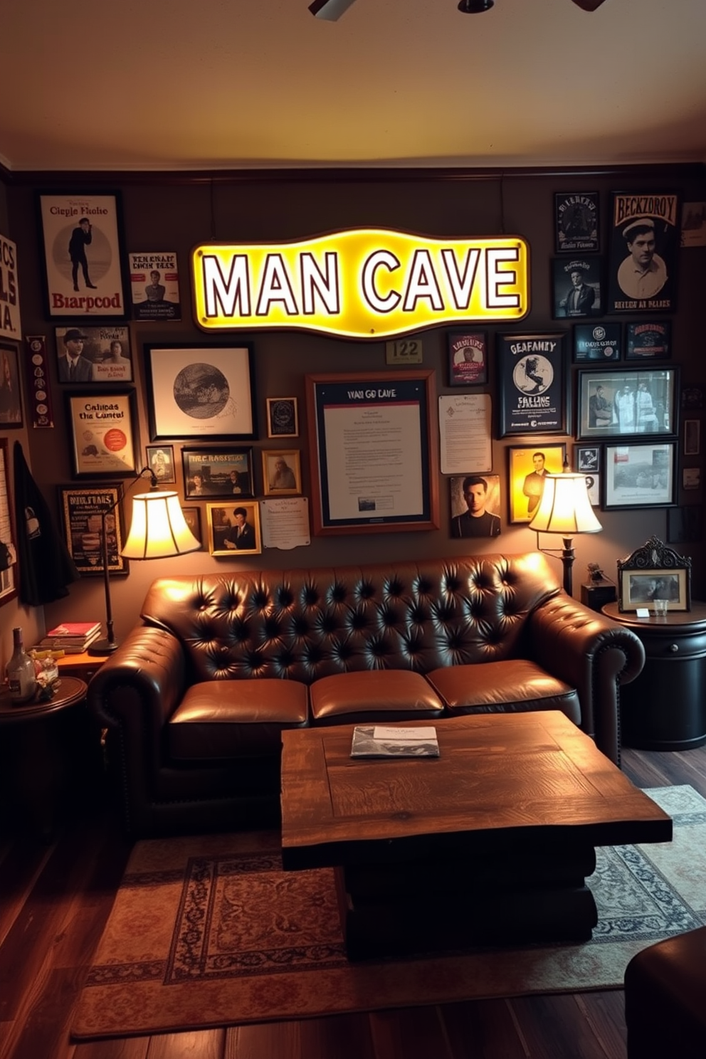 A cozy man cave featuring vintage yellow signage that evokes a retro vibe. The walls are adorned with various framed posters and memorabilia, creating a nostalgic atmosphere. In the center, a plush leather sofa in deep brown invites relaxation, complemented by a rustic coffee table made from reclaimed wood. Ambient lighting from vintage-style lamps casts a warm glow, enhancing the inviting feel of the space.