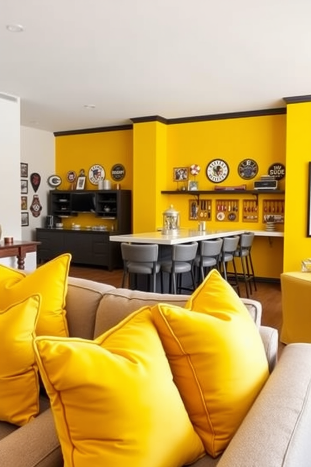 A cozy seating area adorned with vibrant yellow throw pillows that add a pop of color and warmth. The pillows are arranged on a plush, neutral-colored sofa, inviting relaxation and comfort. A stylish man cave featuring a bold yellow accent wall that creates a cheerful atmosphere. The space includes a sleek bar area, comfortable seating, and sports memorabilia that reflect personal interests and hobbies.