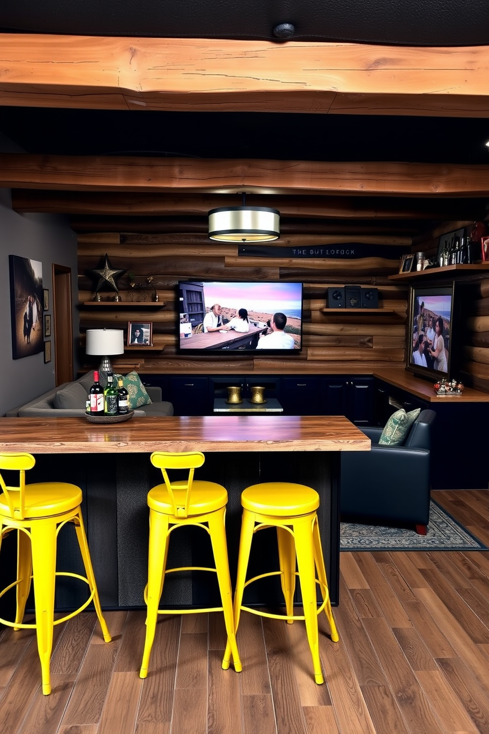 A stylish man cave featuring yellow bar stools that add a vibrant pop of color. The space is designed with a comfortable sectional sofa, a large flat-screen TV, and rustic wooden accents to create a cozy atmosphere.